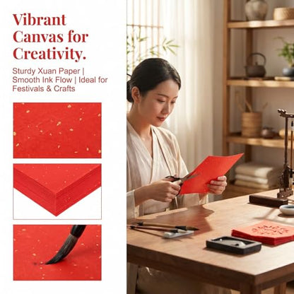 DOITOOL 60 Sheets Chinese Calligraphy Practice Paper Traditional Xuan Rice Paper Pad 8.66X8.66In for Brush Lettering Spring Festival Couplets Lunar New Year Crafts with Gold Fleck Design