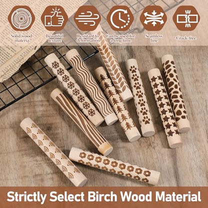 10 Styles Clay Texture Roller Bulk 4.3 X 0.6" 3D-Printed Clay Pottery Tools | Wooden Pottery Stamp Natural Color Handmade Potterys Tools and Supplies for DIY Handicrafts