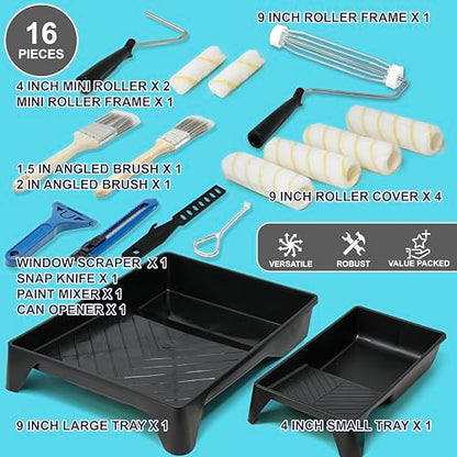 Allgala 16 Piece Ultra Versatile DIY Paint Tool Kit with 9 Inch and 4 Inch Roller Kits - color: 16PC Ultra