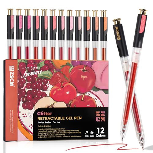 Red Pink Retractable Glitter Gel Pens, 12 PCS Large Capacity Metallic Pen - color: 12 Red Pink