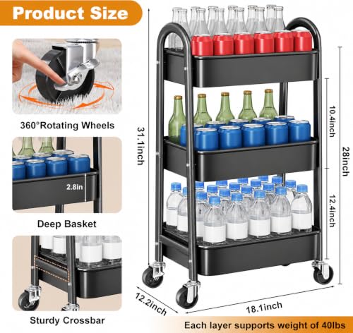 3 Tier Black Rolling Cart with Wheels, Metal Three Tiered Utility Roller Shelf on Wheels, Storage Carts Organizer for Craft, Art Supply, Snack, Laundry, Bathroom, Baby Essentials, Diaper Caddy,Nursery - color: Black