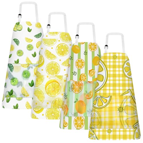 PLULON 4 Pcs Kids Apron Lemonade Stand Supplies for Kids, Kids Lemon Apron with Pockets Adjustable Strap Lemonade Stand Kids Aprons Bulk for Painting Cooking, 3-8 Years - color: Yellow Lemon