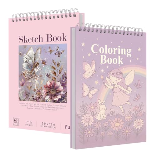 Fuxi Coloring Books for Girls, 60 Sheets (73lb/120gsm) Blank Sketch Book + 50 Designs Blank Coloring Book, Stocking Stuffers for 8-12 Girls. - color: Pink, size: 9" x 12" (Pack of 2)