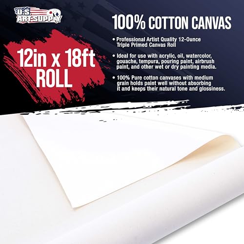 U.S. Art Supply 12-Ounce Triple Primed Gesso 12" Wide x 18' Long (6 Yards), 100% Cotton, Acid-Free - Unstretched Canvas Rolls for Painting, Oil & Acrylic, Murals - Cut to Frame Size - size: 12-Inch-x-6-Yards