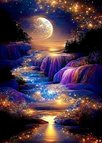 KINPLUB 5D Diamond Painting Kits for Adults, Moon Waterfall Diamond Art Kits for Beginners, DIY Full Round Drill Moonlight Landscape Paint with Diamond Dots, Home Wall Decor 12 x 16 Inch - color: Moonlight Falls