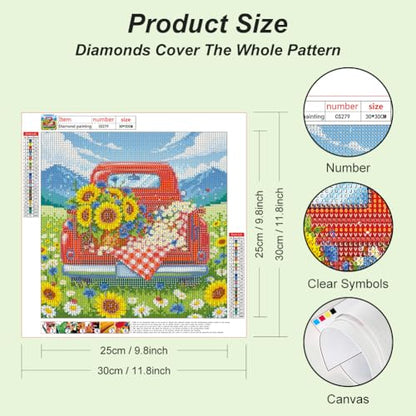 Acudotr Truck Sunflower Diamond Art Kits for Adults, Home Decor, 12x12In