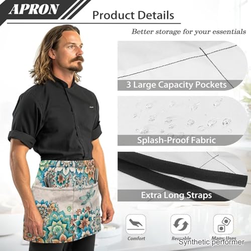 Waist Apron with 3 Pockets Waterproof 13 Inch Short Half Waist Aprons Women Men Server Aprons Waitress Waiter Apron - color: Dragonfly