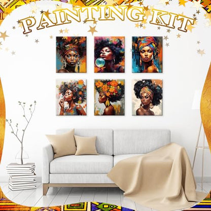 Motipuns 12 Set Afro Queen Pre Drawn Canvas for Paint for Adults | 8 x 10 Inch, Sip and Paint Party Kit, Pre Printed Framed Canvas with Easels Paints Brushes Aprons, Party Adult Art Supplies - style: Afro Queen