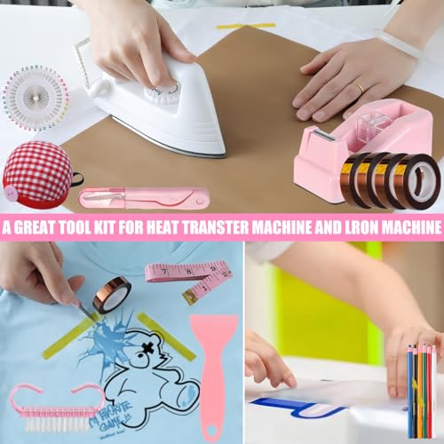XEUZK Sublimation Shirts Tool Pink Kit With 8T Shirt rulers, 3Pack Teflon Sheet for Heat Press 12 x 16in, Heat Resistant Gloves & Silicone Bumps, 4Rolls Heat Resistant Tape& Tape Dispenser Sublimation - color: Pink