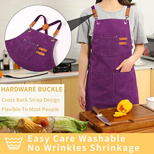 Tosewever Canvas Cross Back Chef Cotton Aprons for Men Women with Large Pockets - color: Purple
