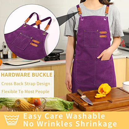 Tosewever Canvas Cross Back Chef Cotton Aprons for Men Women with Large Pockets - color: Purple