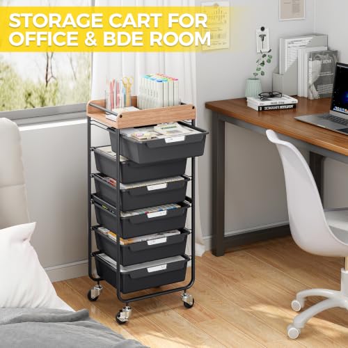 SYKIARIOL Utility Cart with 6 Labeling Drawers and Wooden Tabletop - color: Classic Black, size: 6-Drawer
