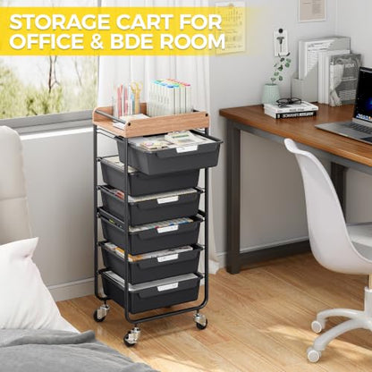 SYKIARIOL Utility Cart with 6 Labeling Drawers and Wooden Tabletop - color: Classic Black, size: 6-Drawer