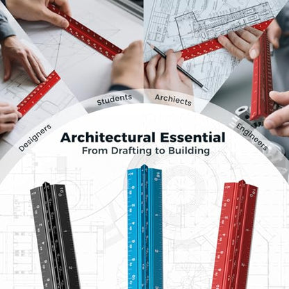 Rena Chris Architectural Scale Ruler: 12" Imperial Aluminum Alloy Metal Architecture Measuring Tools, Engineering Drafting Construction Drawing Blueprints Triangular Architect Scaling Rulers 12 Inches - color: Red