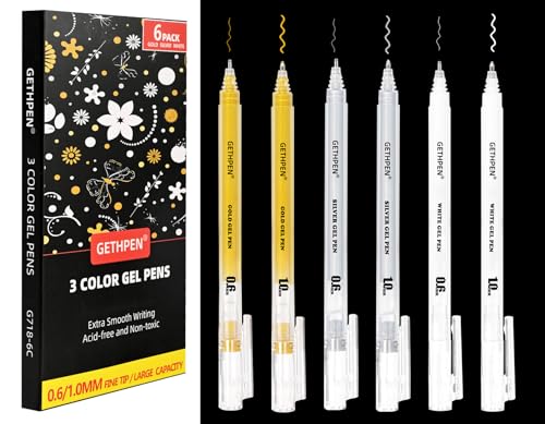 GETHPEN Gold Silver White Gel Pen, 0.6/1.0mm Fine Point Gel Ink Pens - size: 1 Count (Pack of 6), style: 6 Pack White, Gold and Silver