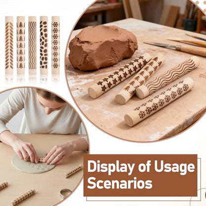 10 Styles Clay Texture Roller Bulk 4.3 X 0.6" 3D-Printed Clay Pottery Tools | Wooden Pottery Stamp Natural Color Handmade Potterys Tools and Supplies for DIY Handicrafts