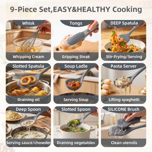 Kitchen Utensils Set,9 PCS Silicone Cooking Utensils Set Spatula Set,Tongs,Spoon,Whisk,Brush,Dishwasher Safe Kitchen Gadgets for Non-Stick Cookware,Home Essential，Kitchen Appliances Tool(Gray) - color: Gray