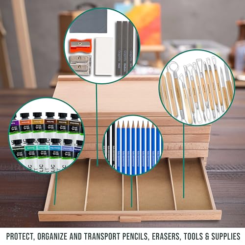 U.S. Art Supply 6-Drawer Artist Tool Supply Box with 5 Compartments per Drawer - Hardwood Art Box for Artist Supplies, Brushes, Pencils, Erasers, Tool Storage Organizer Case