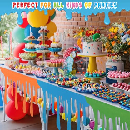 6 Pcs Art Party Table Skirt for Back to School Classroom Paint Party Decor 40 x 28 Inch Rainbow Paint Splatter DIY Back to School with Double Sided Tape for Cartoon Happy Birthday Supplies