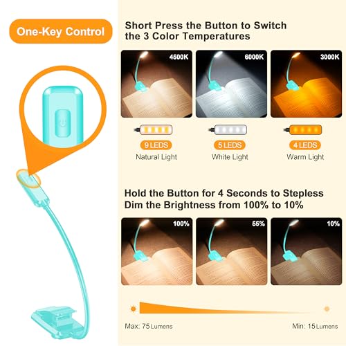 Gritin 9 LED Rechargeable Book Light for Reading in Bed | Eye Caring 3 Color Temps,Stepless Dimming Brightness,80 Hrs Runtime Small Lightweight Clip On Book Reading Light-Blue - color: Blue