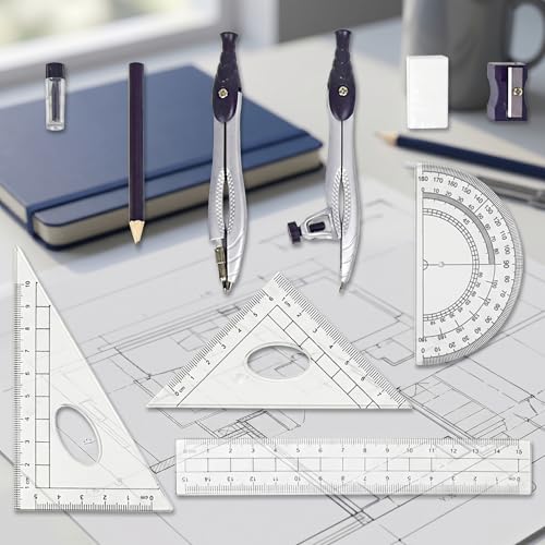 10-Piece Compass Set, Black Plastic Case, Precision Geometry Kit for Drafting, Engineering, Drawing & Technical Design – Includes Compasses, Rulers, Protractor, Pencil, Eraser & Sharpener