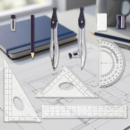 10-Piece Compass Set, Black Plastic Case, Precision Geometry Kit for Drafting, Engineering, Drawing & Technical Design – Includes Compasses, Rulers, Protractor, Pencil, Eraser & Sharpener