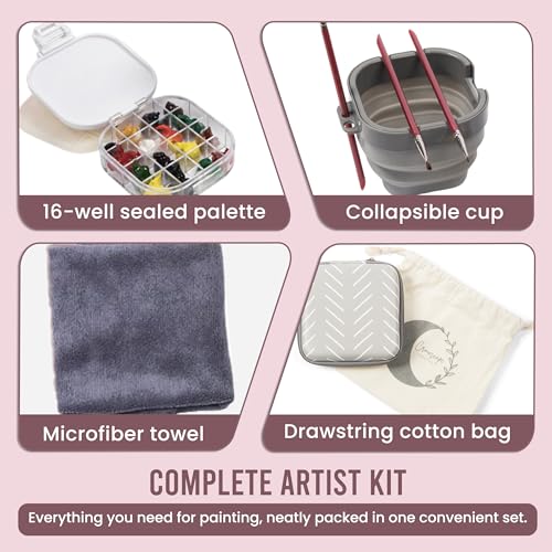 Airtight Watercolor Palette with Lid - Set of 5 Paint Brush Holder Cup with Paint Palette | Acrylic Paint Palette | Paint Brush Cleaner Cup | Painting Accessories | Painting Palette Gifts for Artists - color: Herringbone