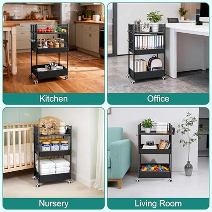 3 Tier Rolling Storage Cart Metal Utility Cart with Wheels | Office Organizer with Hooks & Hanging Cups, Mobile Shelving Unit for Kitchen Nursery Craft Snack Book - color: Matte Black