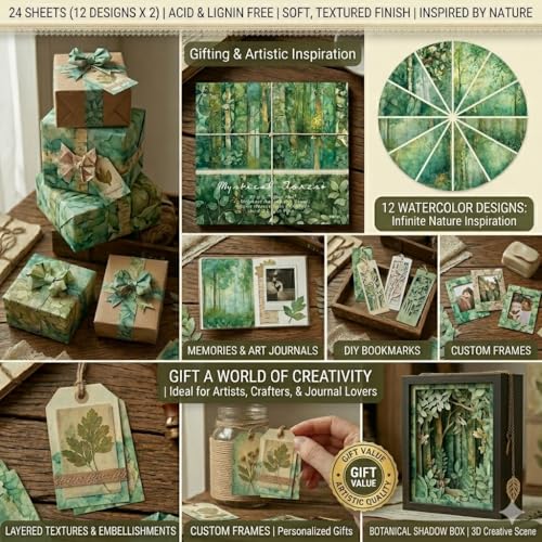 6x6 Scrapbook Paper Pad, Mystical Forest Botanical Designs, 24 Single-Sided Sheets (12 Designs, 2 Each), 160gsm Acid-Free Paper for Card Making, Scrapbooking & Journaling - color: 6x6 Forest Green