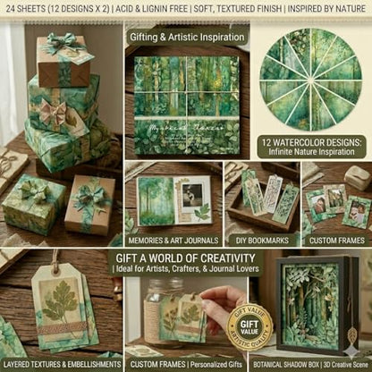 6x6 Scrapbook Paper Pad, Mystical Forest Botanical Designs, 24 Single-Sided Sheets (12 Designs, 2 Each), 160gsm Acid-Free Paper for Card Making, Scrapbooking & Journaling - color: 6x6 Forest Green