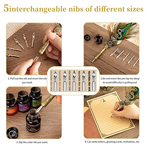 NC Quill Pen Ink Set, Feather Calligraphy Pen Set, Wax Seal Stamp Set, Valentine's Day Gift for Writing Lovers, Various Holiday Ideal Gift (Peacock Feather) - color: Peacock Feather
