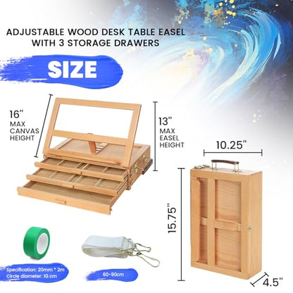Tabletop Easel for painting with Storage, Wooden Artist Box Easel with 3 Drawers, Adjustable Desk Easel for Painting, Beechwood Art Supply Organizer with Handle & Strap for Adults Artists (Beech Wood)