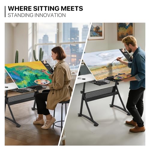 Art Deco Drafting Table, Height-Adjustable, Tiltable Tabletop, Stool for Reading Writing Painting, Homeschooling Desk for Children with 2 Storage Drawers | Stool for Reading Writing Painting, Homeschooling Desk for Children with 2 Storage Drawers，Art Deco