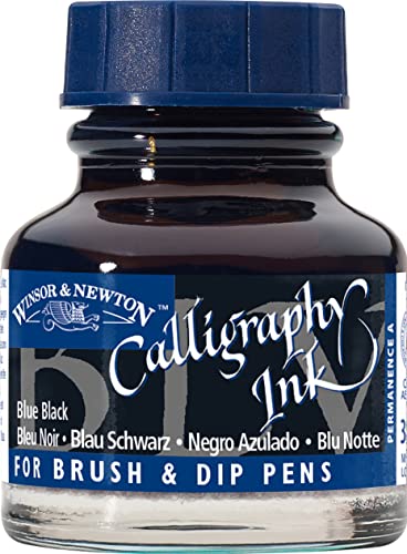 Winsor & Newton Calligraphy Ink, 30ml (1-oz) Bottle, Blue Black | Lightfast Colors, Satin Finish, Thin Inks Suitable for fip-pens, brushes and airbrushes; Opaque Colors for dip-pen or brush - color: Blue Black, size: 1 fl oz
