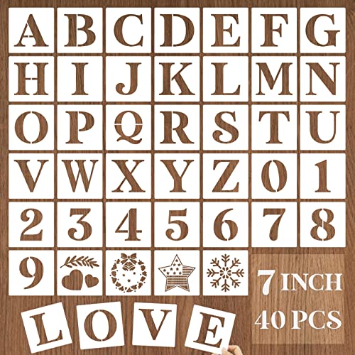 YEAJON 7 Inch Letter Stencils and Numbers, 40 Pcs Alphabet Drawing Templates, Reusable Plastic Art Craft Stencils for Painting on Wood, Wall, Fabric, Rock, Signage, Door Porch - size: 7 Inch