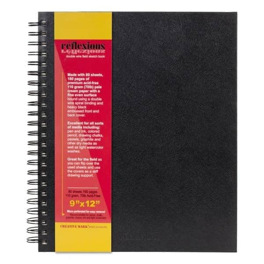 Creative Mark Double Wire Spiral Bound Field Sketch Book [160 Pages - 9 x 12], Black Embossed Leatherette Journal, Light Cream Acid-Free Paper, Perfect for Dry Media and Drawing - size: 9 x 12" - Single