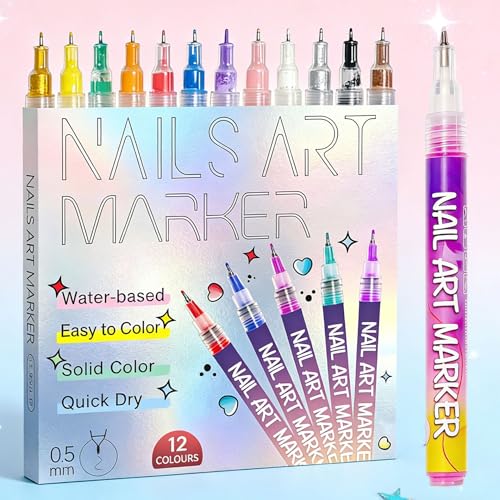 12 Colors Nail Art Pens Set, 3D Dotting & Liner Nail Marker Pen Kit for Nail Art Designs, Graffiti & Drawing Tool for DIY Manicure, Professional Nail Decoration Kit - color: Multicolor H
