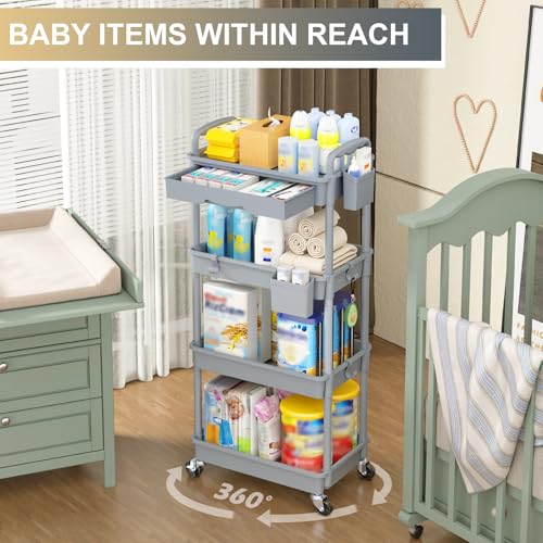 Goovilla 4 Tier Rolling Utility Cart Organizer with Removable Drawer, Grey | Stable and Sturdy Rolling Storage Carts with 2 Lockable Wheels for Bathroom, Kitchen, Snack, Craft, Makeup, Baby Essentials - size: 4 Tier, style: Gray