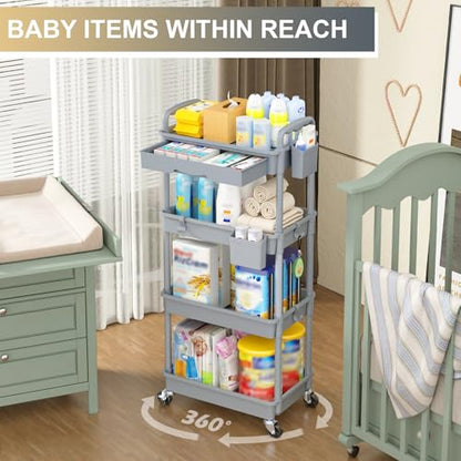 Goovilla 4 Tier Rolling Utility Cart Organizer with Removable Drawer, Grey | Stable and Sturdy Rolling Storage Carts with 2 Lockable Wheels for Bathroom, Kitchen, Snack, Craft, Makeup, Baby Essentials - size: 4 Tier, style: Gray