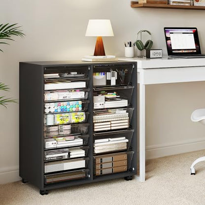 WOPITUES Mobile Storage Cabinet with 15 Clear Drawers, Modern Black - color: Black, size: 10M+5L