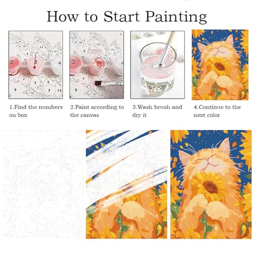 ZRIZQ Paint by Numbers Kit for Adults Beginner Animal,Cat Sunflowers,16x20 | Full set with wooden brushes,rolled canvas,rich paints.Calming activity.Beginner friendly.Just open and paint. - color: 16"X20"Rolled Canvas(Frameless)-Cat 12