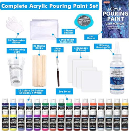 Shuttle Art Acrylic Pouring Paint, Set of 36 Bottles (2 oz/60ml) Pre-Mixed High-Flow Pouring Supplies with Canvas, Silicone Oil, Measuring Cups, Tablecloths, Complete Paint Pouring Kit - color: 36 Colors