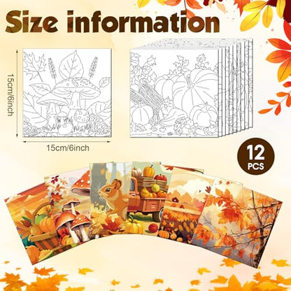 Teling 12 Pcs Fall Pre Drawn Stretched Canvas Kit for Adults Painting Pre Printed Canvas Outline for DIY Painting Party Favor, 6 x 6 x 0.6 Inches(Fall) - style: Fall