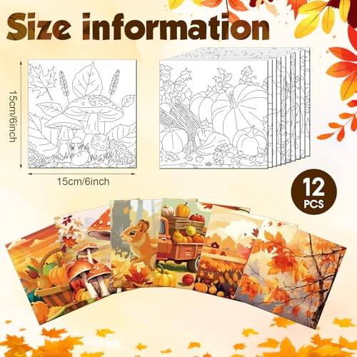 Teling 12 Pcs Fall Pre Drawn Stretched Canvas Kit for Adults Painting Pre Printed Canvas Outline for DIY Painting Party Favor, 6 x 6 x 0.6 Inches(Fall) - style: Fall