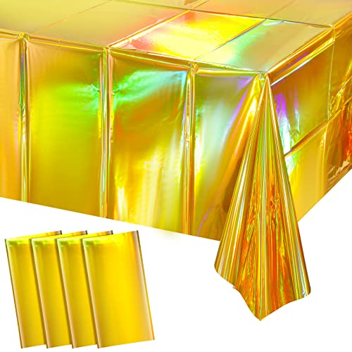 4 Pack Gold Iridescent Plastic Tablecloths Shiny Disposable Laser Rectangle Table Covers Holographic Foil Tablecloth Iridescent Party Decorations Birthday Bridal Wedding Christmas, 54 x 108 Inch - color: Gold