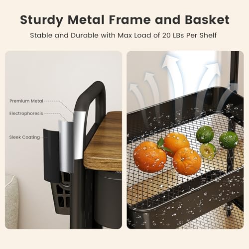 danpinera 3-Tier Rolling Cart, Metal Rolling Storage Cart with Wooden Table Top & DIY Pegboards, Storage Cart with Wheels, Hooks & Hanging Cups, Storage Organizer Cart Craft Art Cart, Black