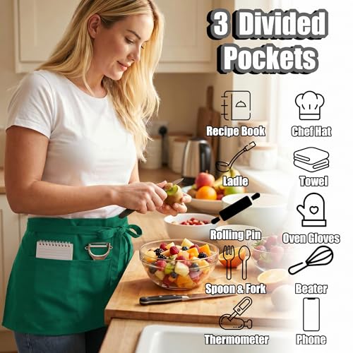 TOSHE Waist Apron 3 Pockets Waterdrop Resistant Cotton Server,Chef,Waitress - color: Green