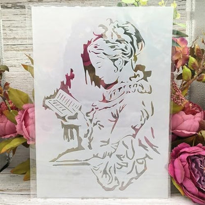 TIAMECH A4 Reusable Vintage Reading Girl Stencil for Painting | Studying Woman Book Layering Template, DIY Wall Art, Wood Furniture, Scrapbook & Crafts (8.3x11.7inch) - style: Vintage Reading Girl