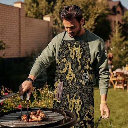 Apron with 2 Pockets,Kitchen Chef Artist Aprons for Cooking Gardening Baking Painting, Waterproof Apron 33" x 27" - color: Chinese Dragon