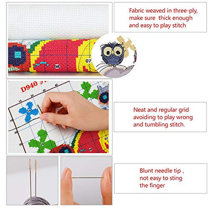 Printed Cross Stitch Kits 11CT 15X15inch DIY Embroidery Starter Kits Easy Patterns Embroidery for Girls Crafts DMC Stamped Cross-Stitch Supplies Needlework Elephant and Owls - color: Stamped 11.5×11.5 inch